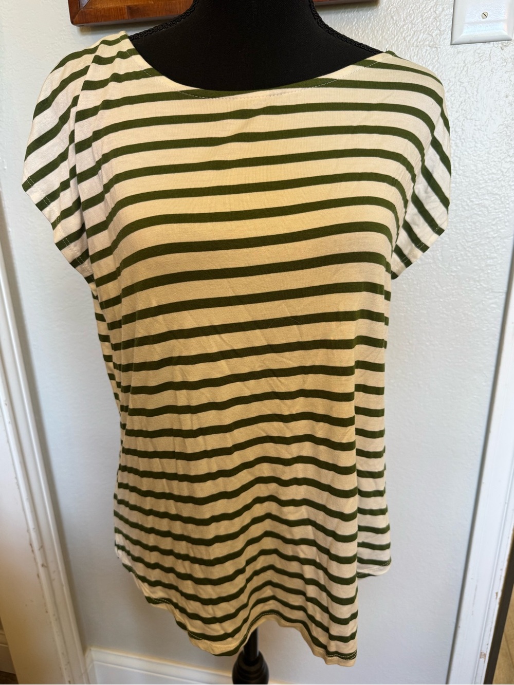 Green Envelope Cream & Olive Striped Scoop Neck Tee